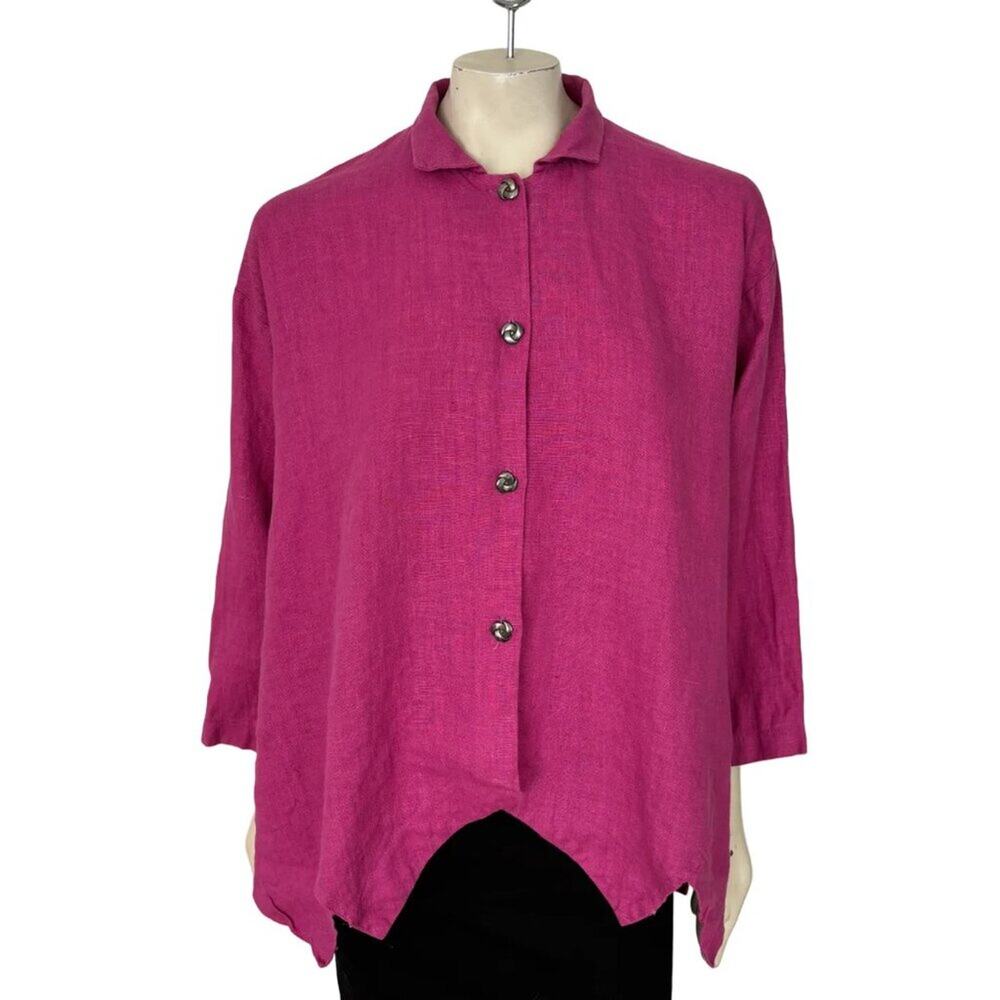 CHRIS BAUMGARTNER 100% Linen Asymmetric Hem Artsy Button Tunic Fuchsia XL
